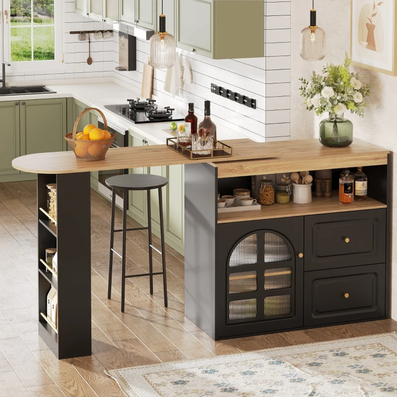 Bancone girevole a 360° con 2 cassetti, ripiano e vetro curvo, 138-204x39x104 cm, Nero