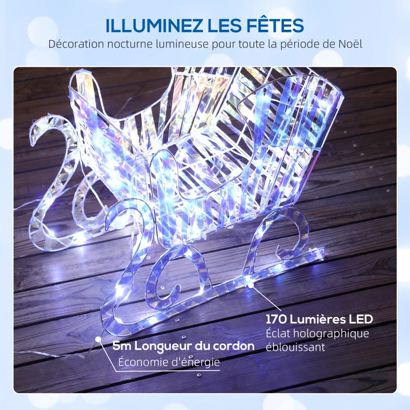 Outsunny Renne et traîneau lumineux de Noël avec 170 LED blanc chaud, décoration de Noël pour intérieur et extérieur, 60x29x115cm