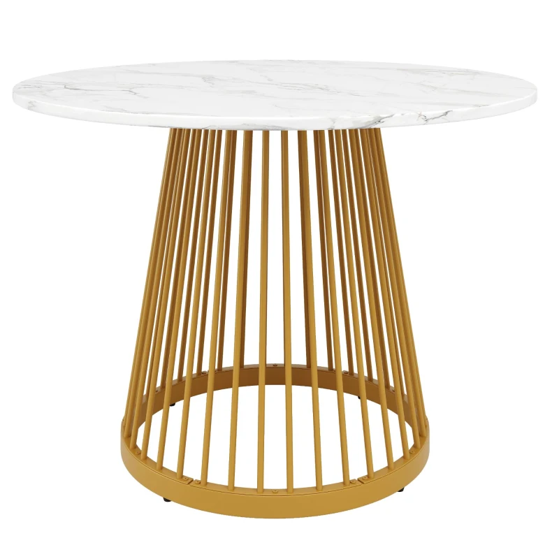 Tavolo da pranzo rotondo per 4 persone con piano in MDF e gambe in metallo, 80x80x76 cm, Bianco e Oro