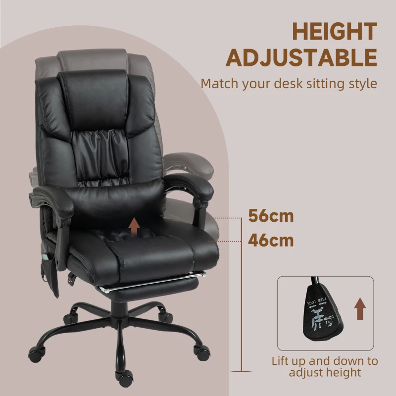 Vinsetto 6-Point Massage Office Chair, PU Leather Desk Chair with Adjustable Height and Footrest for Home Office, Black