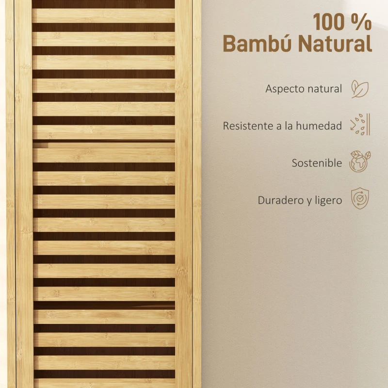 HOMCOM Armario de Baño Alto de Bambú Estrecha con 3 Estantes Abiertos Puerta de Lamas Baldas Ajustables 34x30x170 cm Natural
