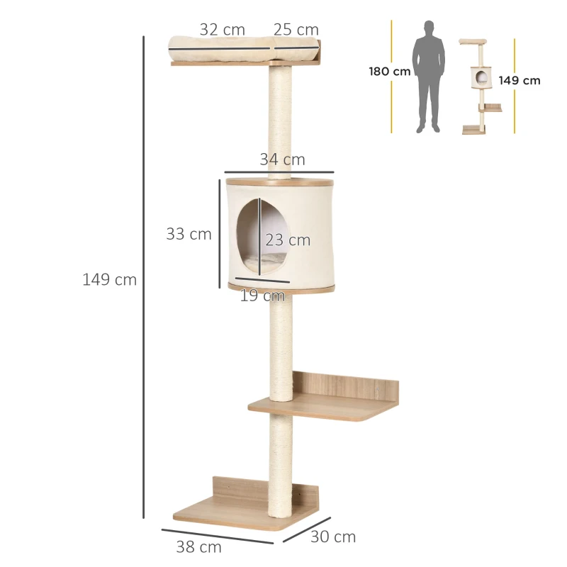 PawHut Copac pentru Pisici de Perete 38x30x149 cm cu Multiple Platforme din Lemn Vizuini Pat Superior Pernă Detașabilă Stâlpi Zgârietoare din Sisal Turn de Cățărat Bej și Stejar