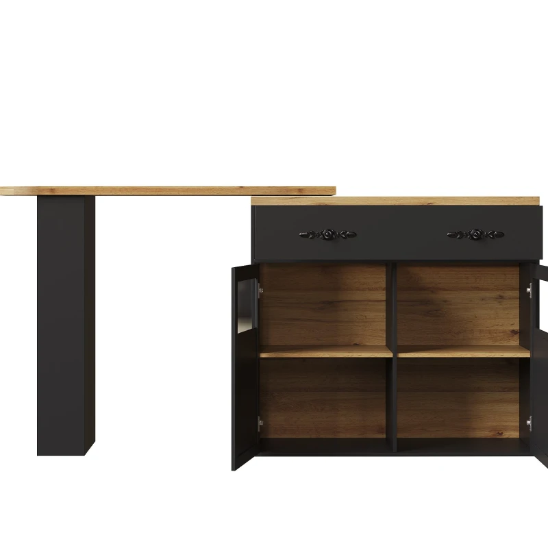 Bancone bar allungabile con vano portaoggetti e girevole a 360°, 138-204x39x104 cm, Nero