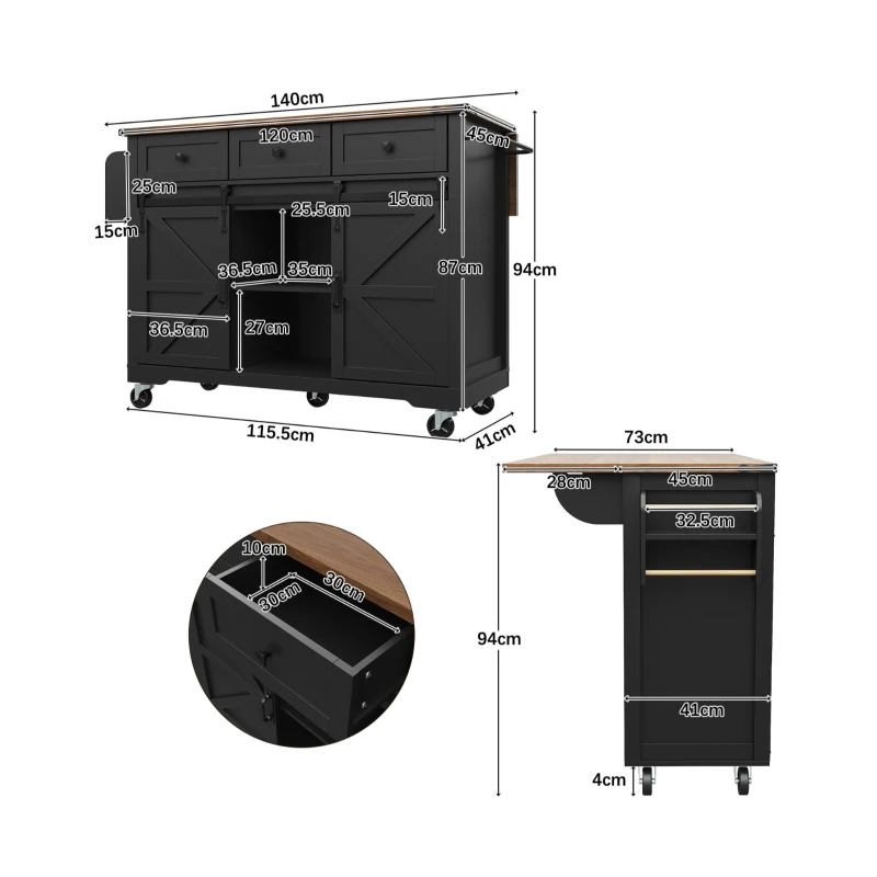 Kücheninsel mit klappbarer Tischplatte, Servierwagen auf Rollen mit 2 Schiebetüren und 3 Schubladen, 140 x 45/73 x 94 cm, Schwarz