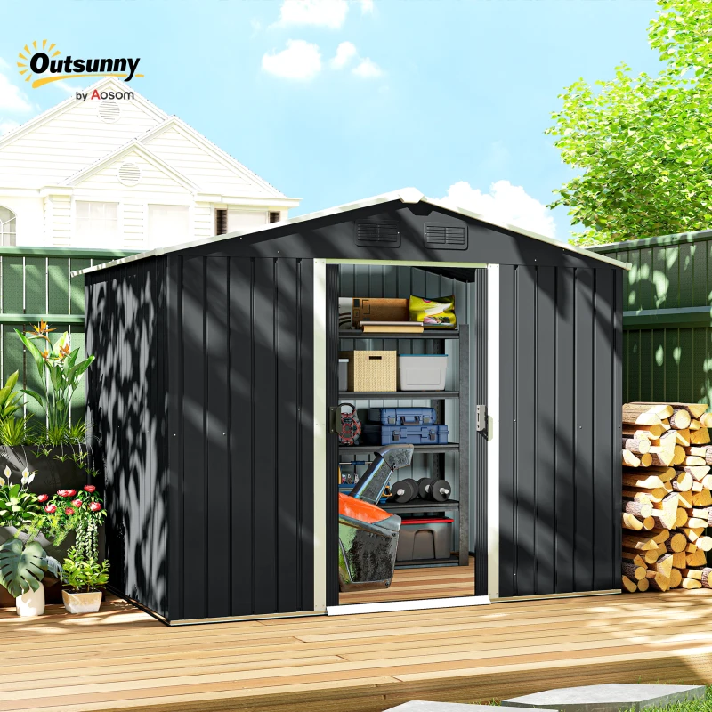 Outsunny 8 x 6ft Outdoor Garden Roofed Metal Storage Shed Tool Box with Ventilation & 2 Sliding Doors,Grey(m-2)