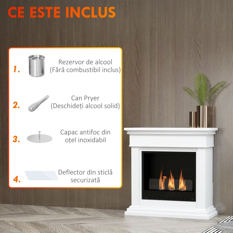 HOMCOM Semineu cu Etanol fara Aerisire, Semineu fara Ventilatie, Semineu Independent cu Capac de Flacara, Rezervoare de 0,4L, Max 18㎡, Arde cu Alcool Lichid si Alcool Solid, Alb
