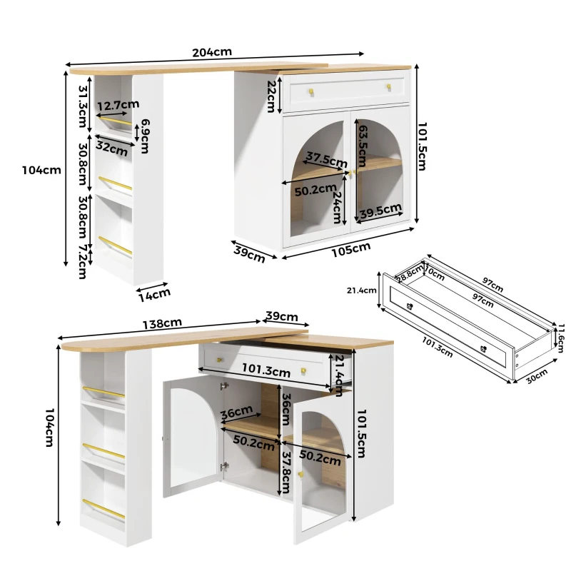 Bancone bar allungabile e girevole a 360° con scaffale laterale a 3 ripiani e ante in vetro, 138-204x39x104 cm, Bianco