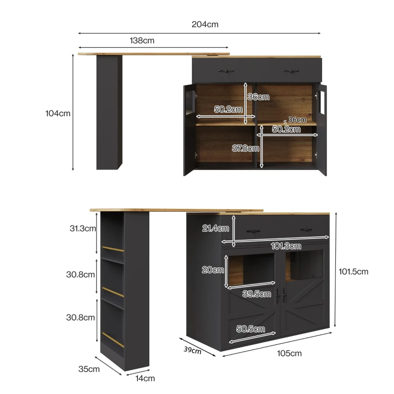 Bancone bar allungabile con vano portaoggetti e girevole a 360°, 138-204x39x104 cm, Nero
