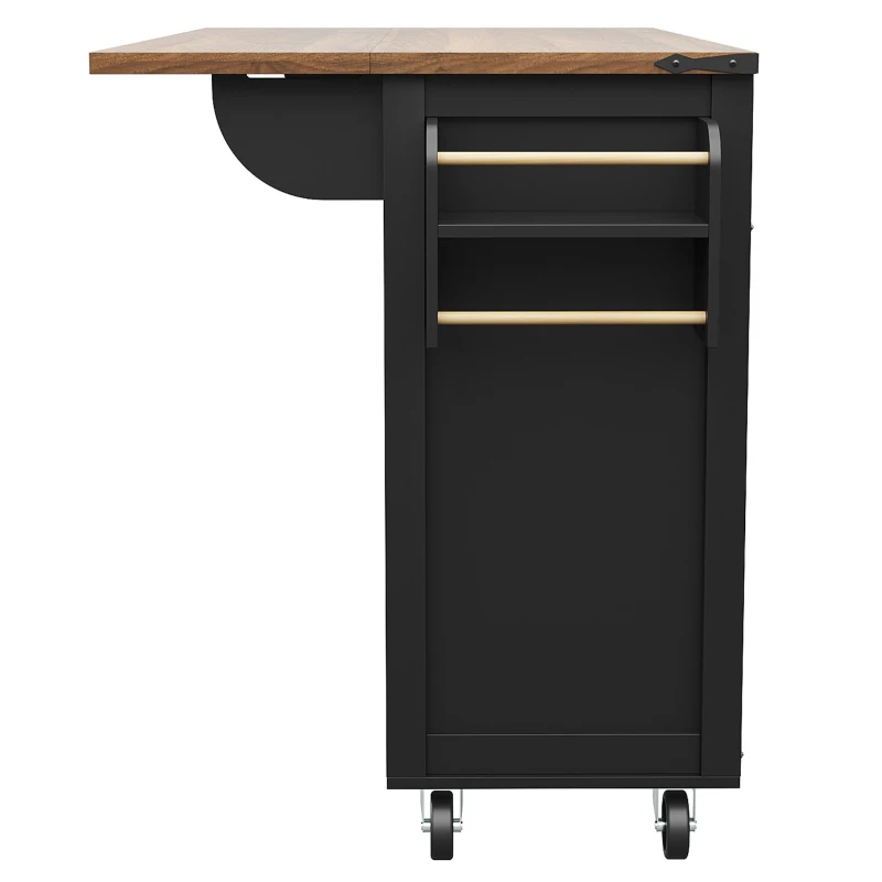 Kücheninsel mit klappbarer Tischplatte, Servierwagen auf Rollen mit 2 Schiebetüren und 3 Schubladen, 140 x 45/73 x 94 cm, Schwarz