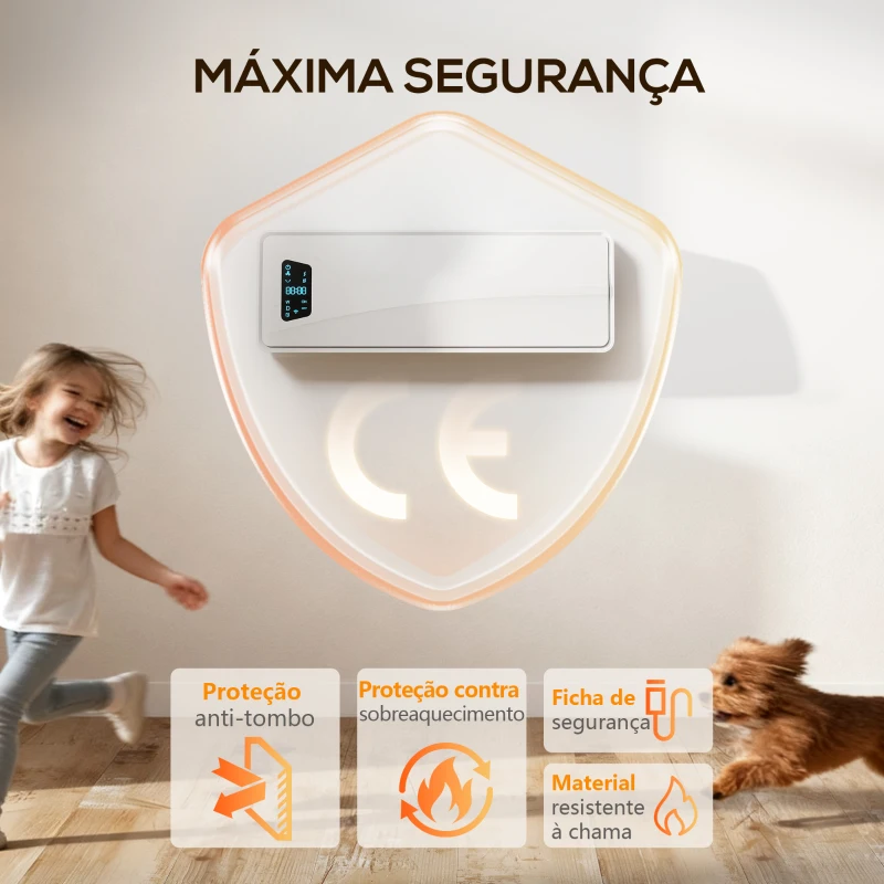 HOMCOM Aquecedor Elétrico de Baixo Consumo de Parede 2000W com 3 Modos Ecrã LED Termostato Temporizador e Oscilação 54x18,7x14,5 cm Branco