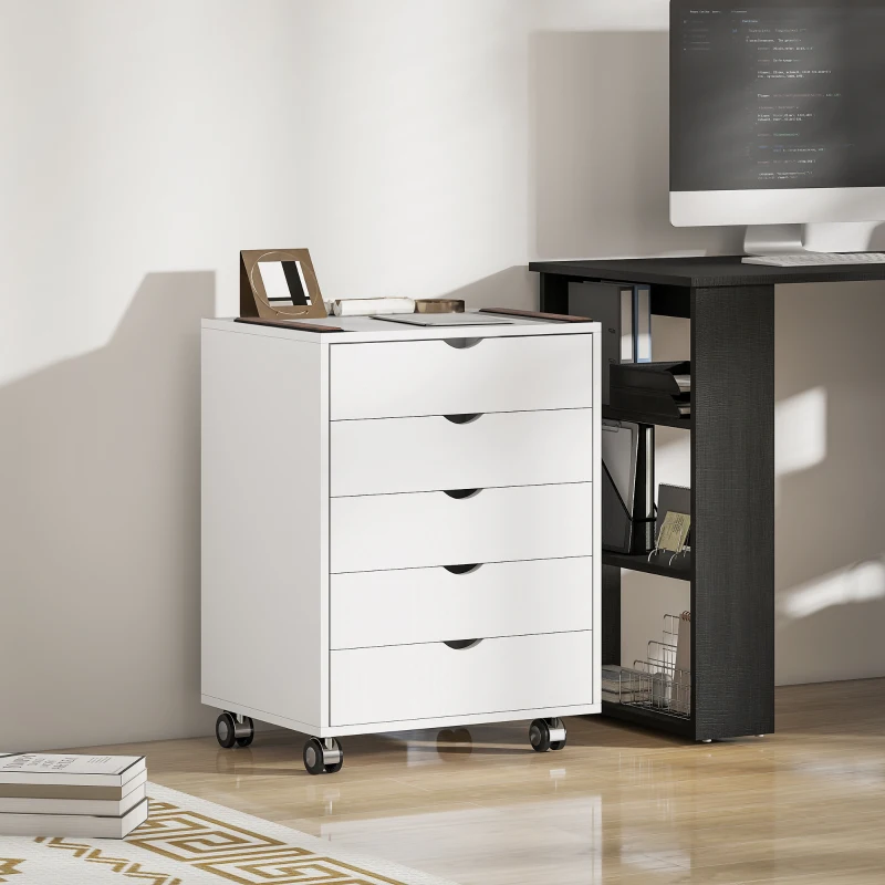 HOMCOM Caisson de bureau 5 tiroirs pour documents A3, roulettes et frein, 50x40x67.5 cm, blanc