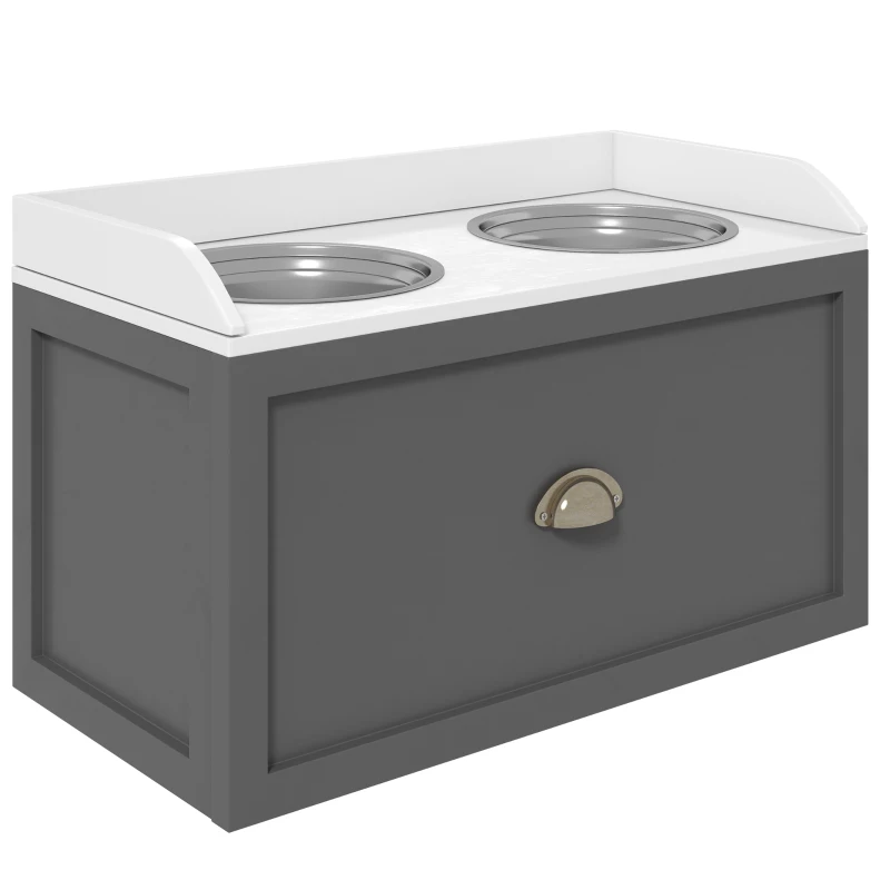 PawHut Ciotole per Cani Rialzate in Acciaio Inox e Legno con Cassetto, 60x30x36cm, Grigio
