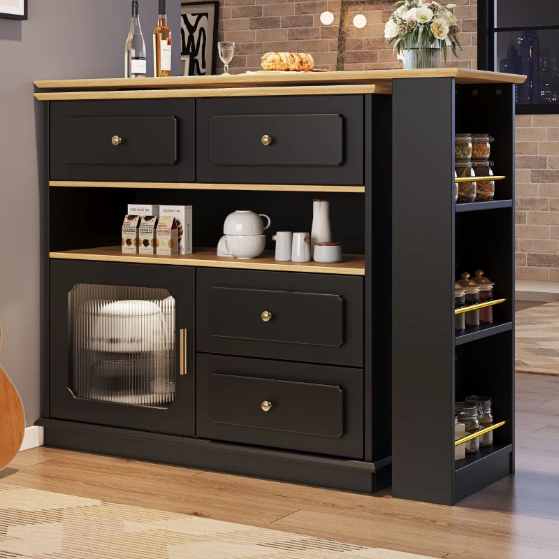 Bancone da bar allungabile con contenitore, girevole a 360°, MDF e vetro, 125-181x39x104,5 cm, Nero