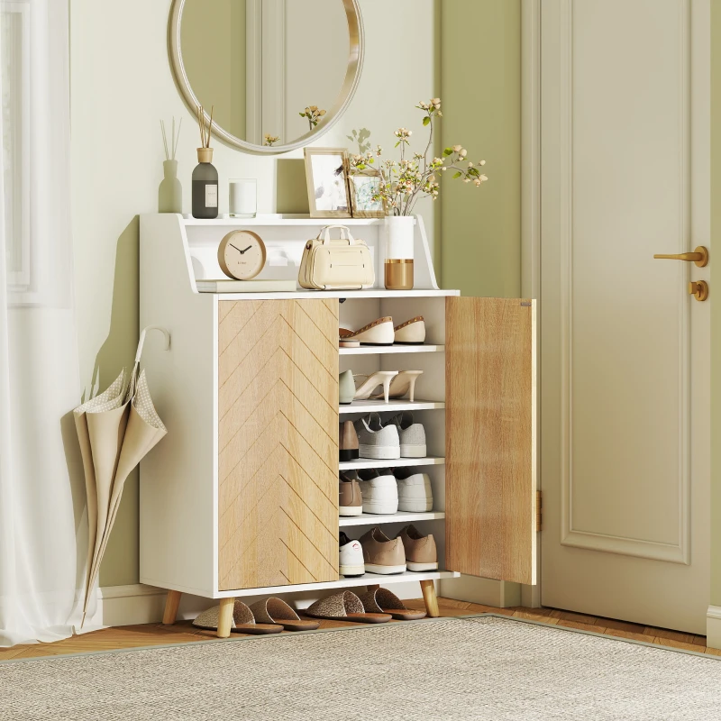 HOMCOM Zapatero Entrada Recibidor con 2 Puertas Estantes Ajustables y Compartimento Abierto 75x35x104 cm Blanco y Natural
