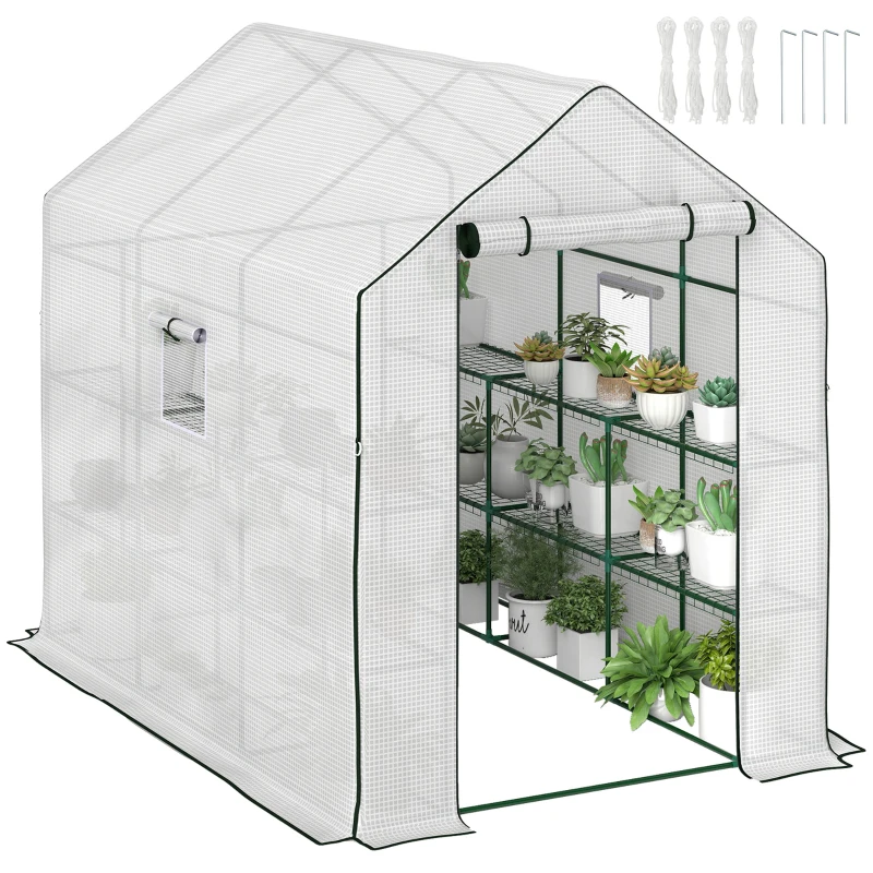 Outsunny Walk-in Greenhouse with 3 Tier Shelves, Outdoor Green House Garden Grow House with Reinforced PE Cover, Roll-up Door and Mesh Windows, 140 x 213 x 190cm, White