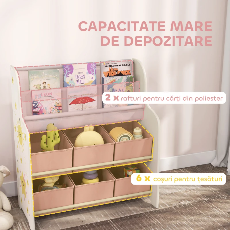 AIYAPLAY Raft pentru Jucării cu 6 Sertare și Bibliotecă cu 2 Nivele Roz