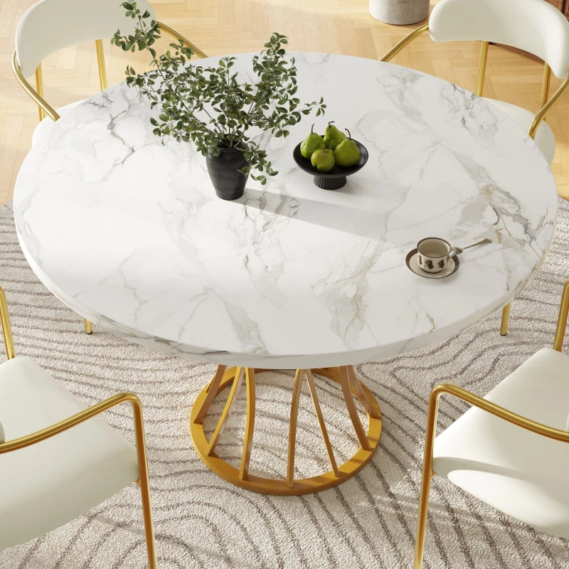 Tavolo da pranzo rotondo per 4 persone con piano in MDF, 80x80x76 cm, Bianco e Oro