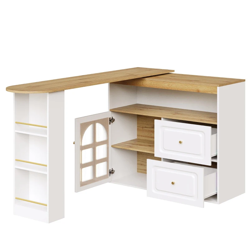 Buffet pivotant 360°, avec 2 tiroirs, étagère à snacks, verre cintré, 138-204x39x104 cm, Blanc