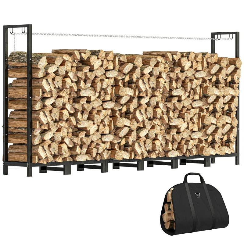 Outsunny Suport de Lemne din Metal 0.8m³ cu Preș Impermeabil și Lanțuri 235x31x116cm