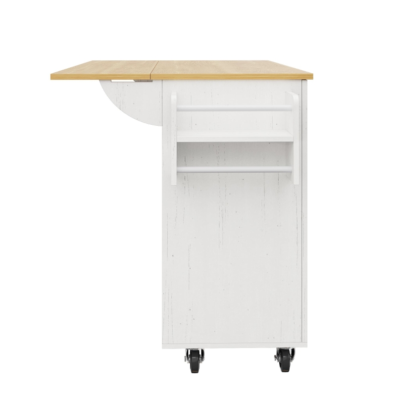Îlot de cuisine avec plateau de table rabattable, desserte avec étagères à snacks et placards extensibles, 134,5x46/74x90,5 cm, Blanc