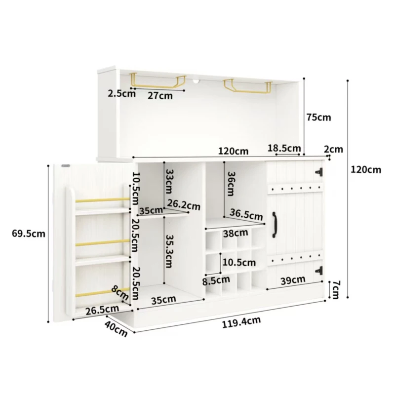 Buffet moderne avec range-verres à vin, espace de rangement multi-niveaux, 120x40x120 cm, Blanc