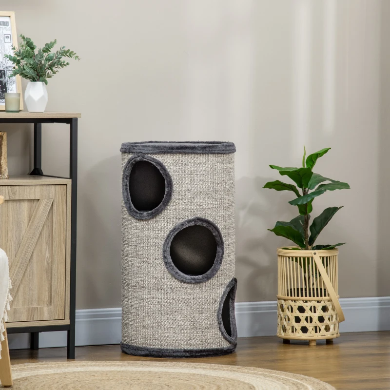 PawHut Cușcă pentru Pisici cu 3 Nivele, Zgârietoare din Sisal și Pluș, Ø38x70cm, Gri