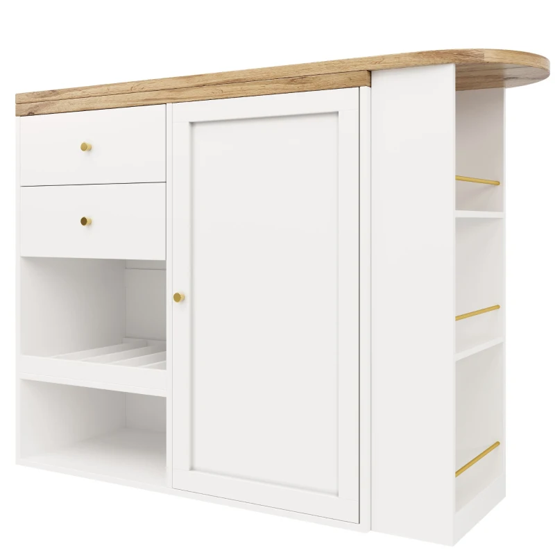 Bancone bar girevole a 360° con 2 cassetti e armadietto con anta scorrevole, 3 ripiani aperti, Bianco