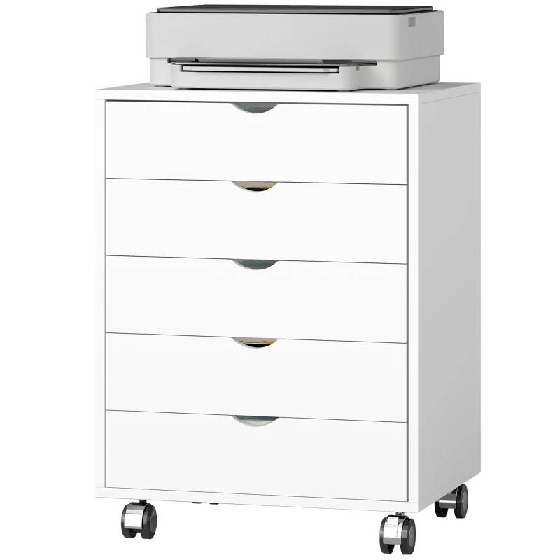 HOMCOM Schubladenschrank fürs Büro mit 5 Schubladen für A3-Dokumente, Rollen und Feststellbremse, 50x40x67.5 cm, Weiß