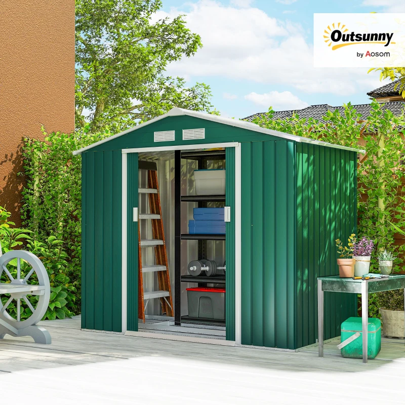 Outsunny 7ft x 4ft Lockable Garden Shed Large Patio Roofed Tool Metal Storage Building Foundation Sheds Box Outdoor Furniture, Green