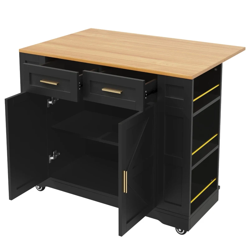 Îlot de cuisine moderne avec plateau de table réglable, table à manger multifonctionnelle avec rangement, 120x40/65x90 cm, Noir