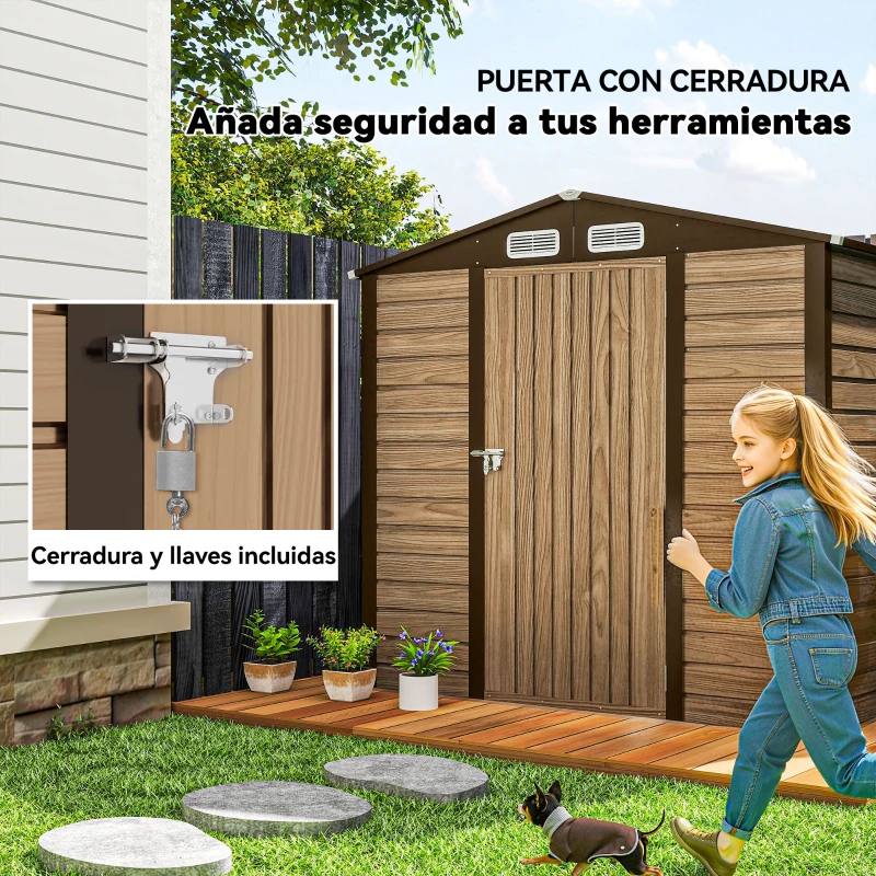 Outsunny Caseta de Jardín 190x131x188 cm Cobertizo Metálico para Herramientas con 2 Ventilaciones y Puerta para Terraza Roble