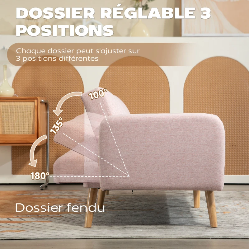 HOMCOM Canapé Convertible 2 Places Design scandinave Dossier inclinable 3 Positions Pieds Bois Tissu Aspect Lin Rose