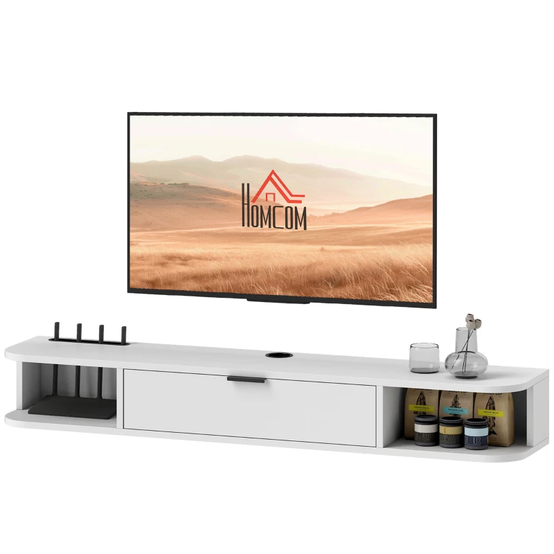 HOMCOM Meuble TV suspendu 120 cm, meuble télé pour téléviseur jusqu'à 50 pouces, tiroir rabattable 2 étagères 120x24x16cm blanc