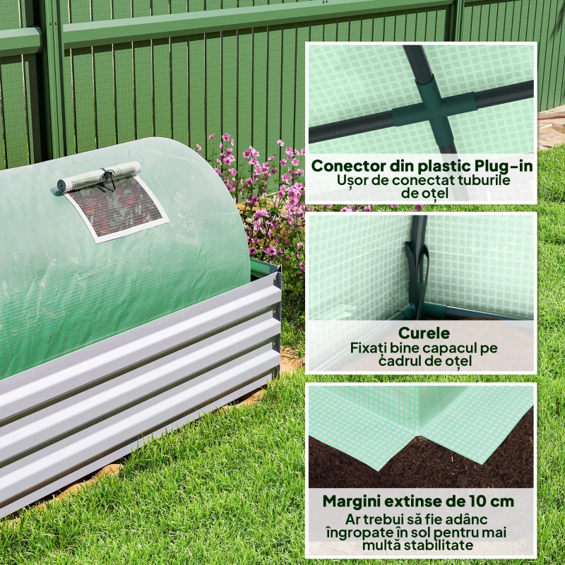 Outsunny Seră de Grădină Tunel cu 5 Ferestre Rulante din Oțel, PE și PP, 300x80x45 cm, Verde