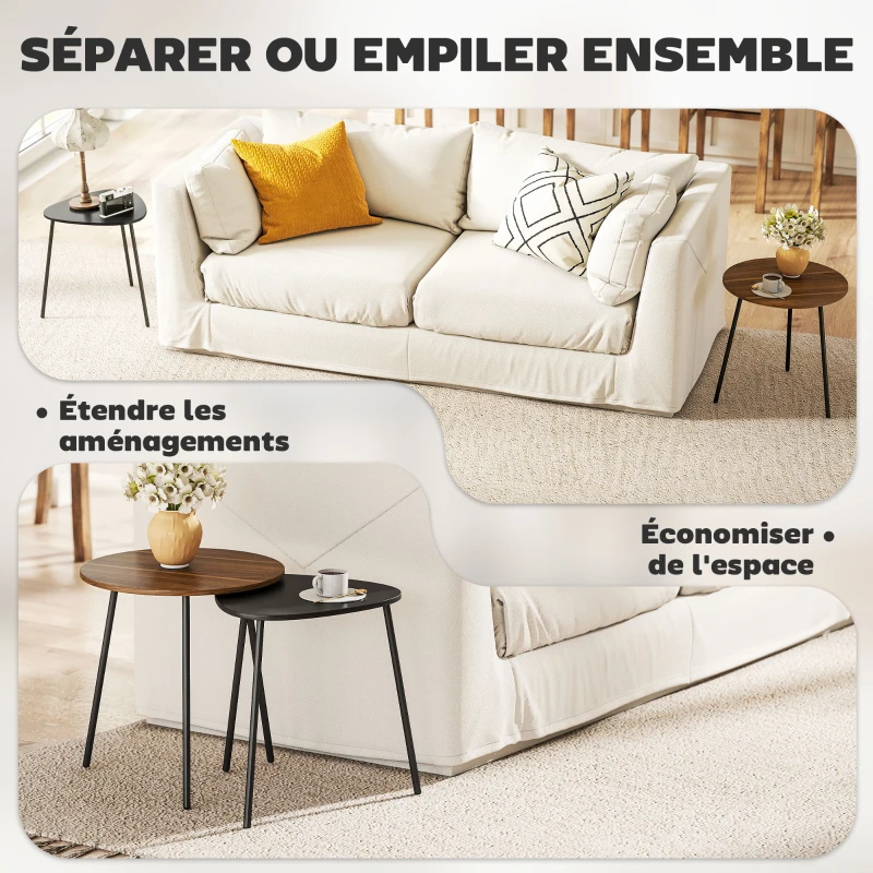 HOMCOM Lot de 2 tables basses gigognes, tables d'appoint contemporain cadre en métal, ronde et triangulaire, noyer et noir