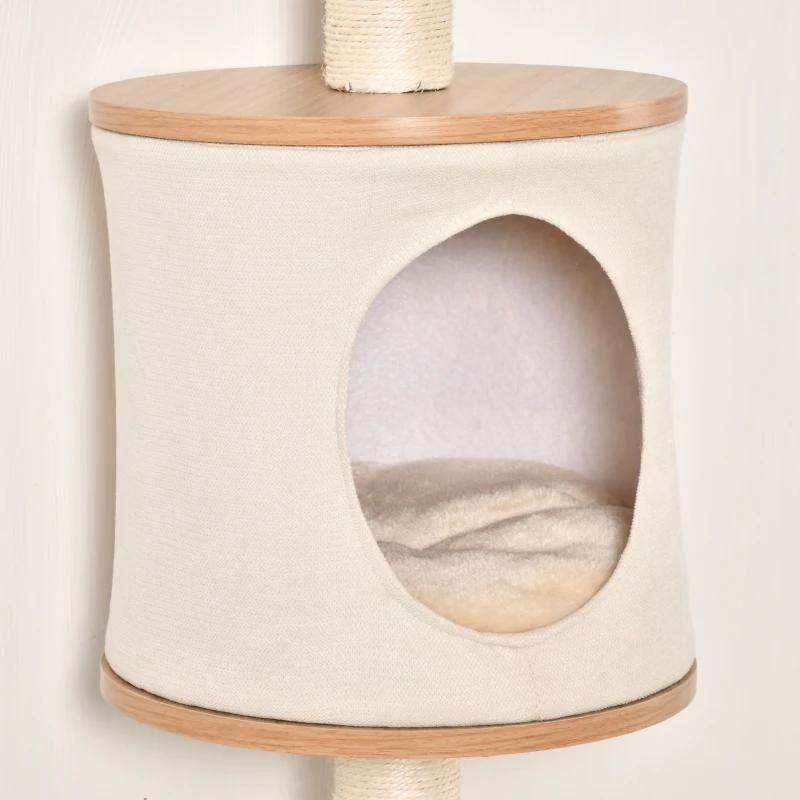 PawHut Copac pentru Pisici de Perete 38x30x149 cm cu Multiple Platforme din Lemn Vizuini Pat Superior Pernă Detașabilă Stâlpi Zgârietoare din Sisal Turn de Cățărat Bej și Stejar