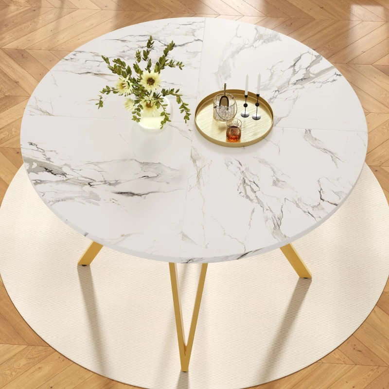 Tavolo da pranzo rotondo per 4 persone con piano in MDF, 100x100x76 cm, Bianco e Oro