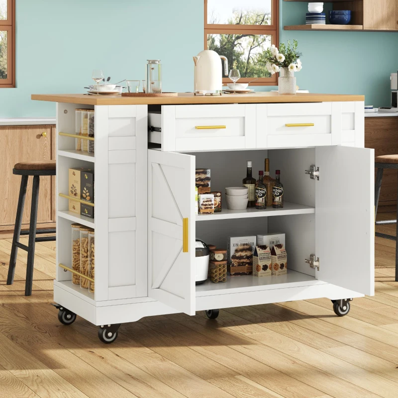 Îlot de cuisine moderne avec plateau de table réglable, table à manger multifonctionnelle avec rangement, 120x40/65x90 cm,Blanc