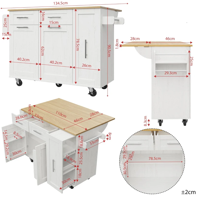 Îlot de cuisine avec plateau de table rabattable, desserte avec étagères à snacks et placards extensibles, 134,5x46/74x90,5 cm, Blanc
