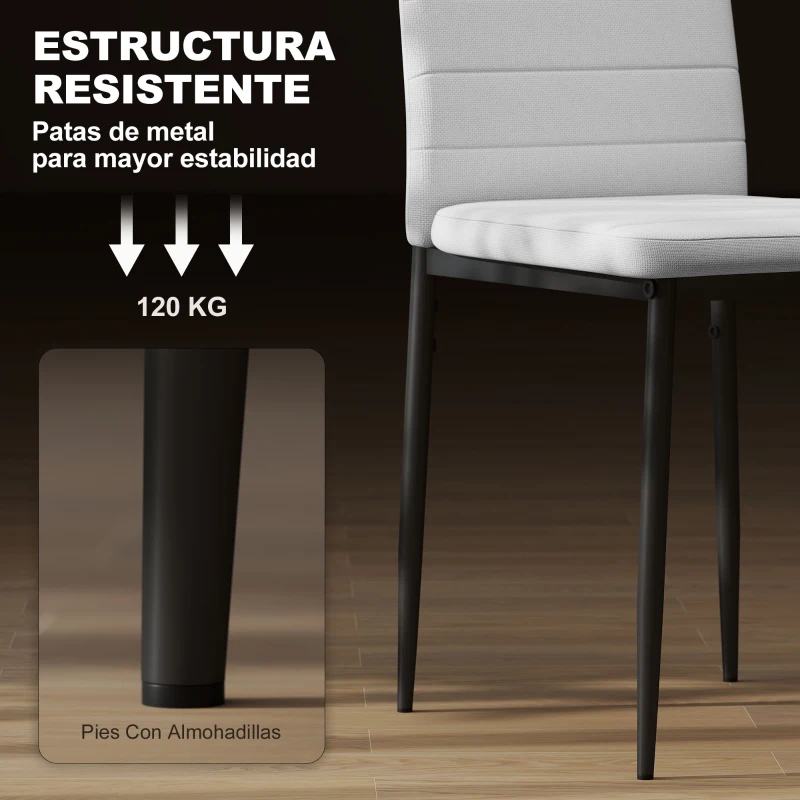 HOMCOM Pack de 6 Sillas de Comedor Modernas Tapizadas en Lino Sintético con Respaldo Alto y Patas de Metal 41x50x97 cm Blanco