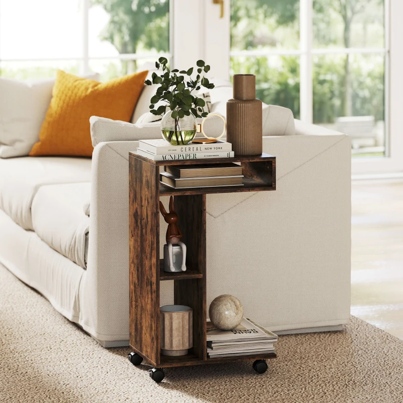HOMCOM Side table, C-shaped serving trolley, 4 casters, 3 compartments, 40 x 30 x 69 cm, Rustic Brown
