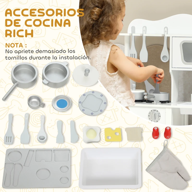 AIYAPLAY Cocina de Juguete de Madera con Sonido Accesorios Fregadero y Microondas para Niños a Partir de 3 Años Blanco
