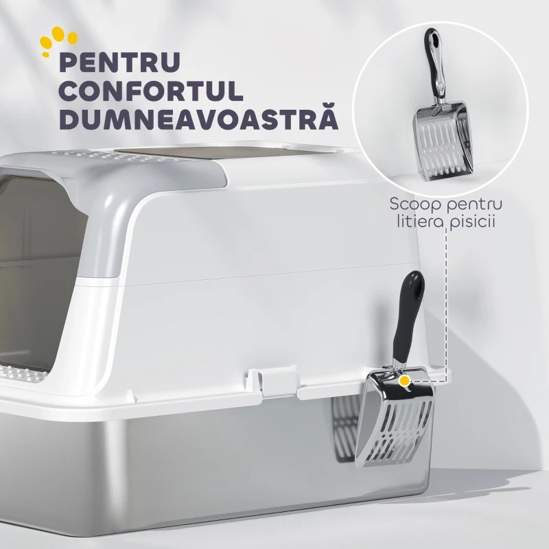 PawHut Litieră pentru pisici cu 2 intrări, deodorant și lopățică Alb și gri