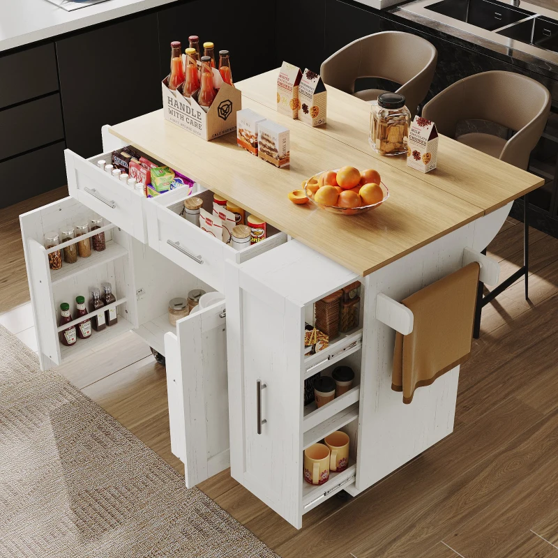 Îlot de cuisine avec plateau de table rabattable, desserte avec étagères à snacks et placards extensibles, 134,5x46/74x90,5 cm, Blanc