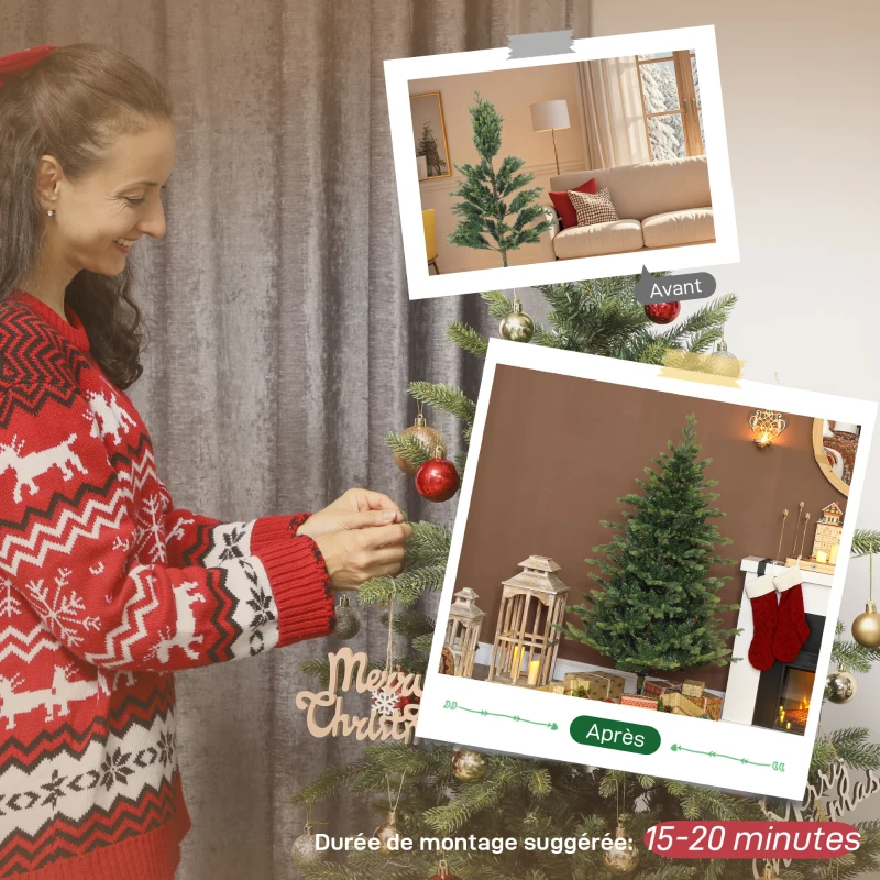 HOMCOM Sapin de Noël artificiel 150 cm, arbre de Noël réaliste avec 1202 pointes de branche articulée, support en métal, vert