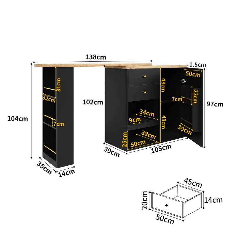 Bancone bar girevole a 360° con 2 cassetti e armadietto con anta scorrevole, 3 ripiani aperti, Nero