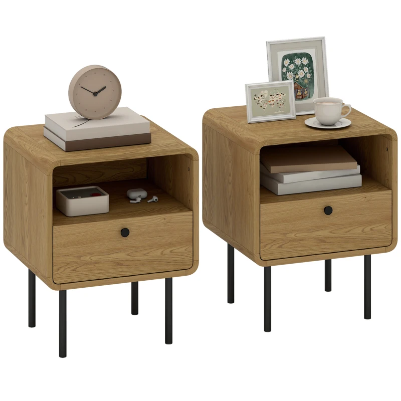 HOMCOM Table de chevet étroite table d'appoint compartiment ouvert et 1 tiroir pieds en acier 40 x 36 x 50 cm, effet bois chêne