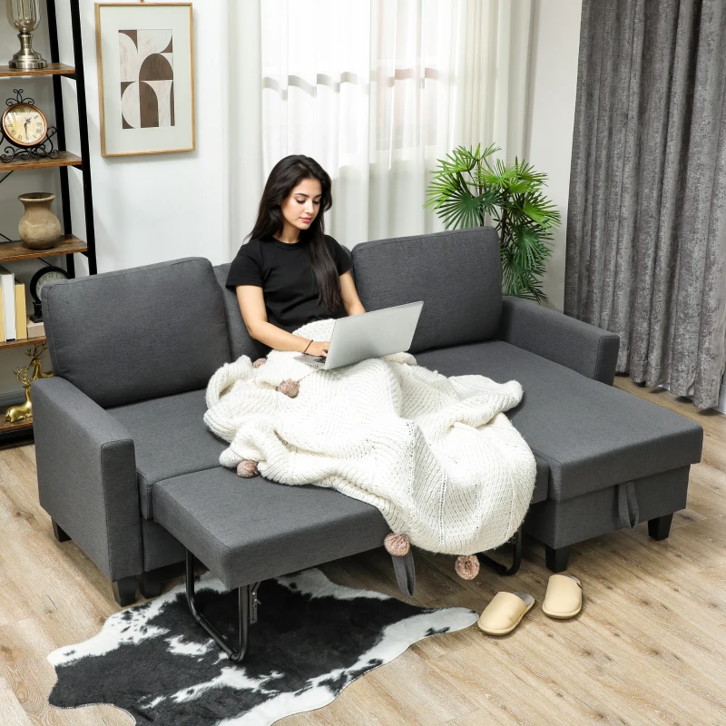 HOMCOM Divano Letto 3 Posti con Chaise e Spazio Contenitore, in Tessuto Effetto Lino, 197x129x85 cm, Grigio Carbone