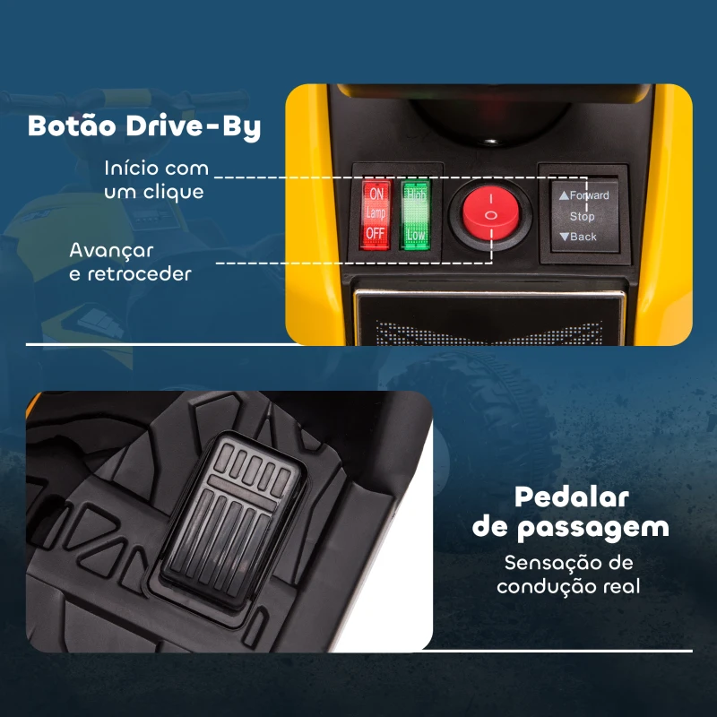 HOMCOM Quadriciclo Elétrico para Crianças de 3-5 Anos Veículo Eléctrico a Bateria 12V com 2 Motores 83x53x55,5 cm Amarelo
