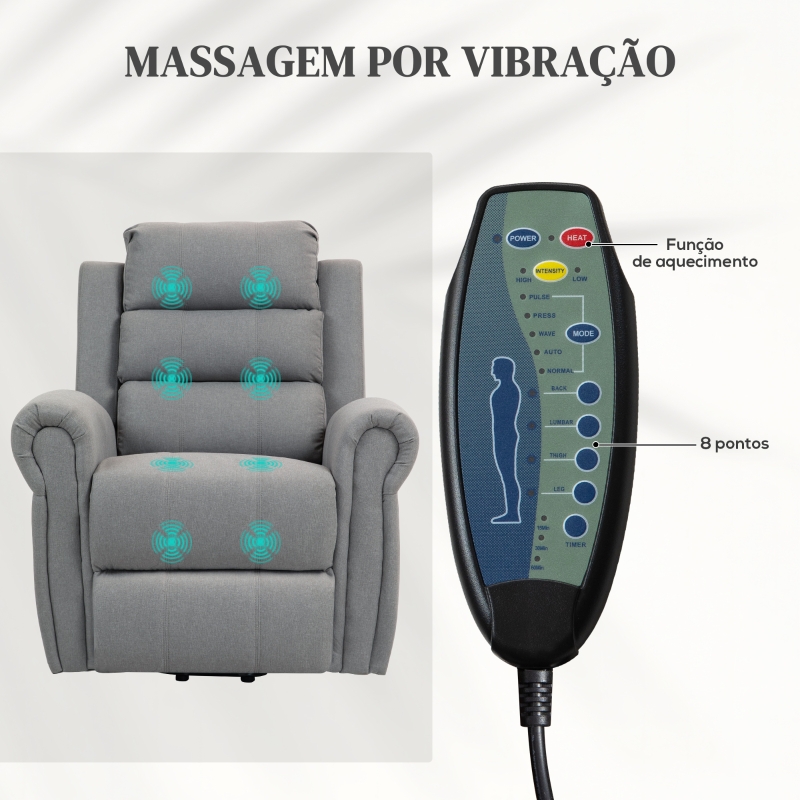 HOMCOM Poltrona Reclinável Elétrica Levanta Pessoas com Massagem Vibratória e Aquecimento  98x96x105 cm Cinza